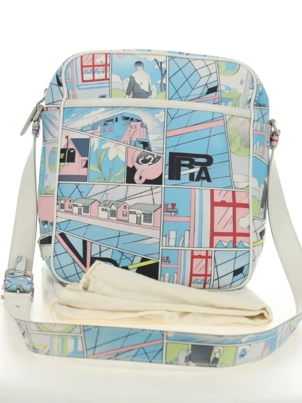 PRADA Comic Print Shoulder Bag Leather White Silver Auth
